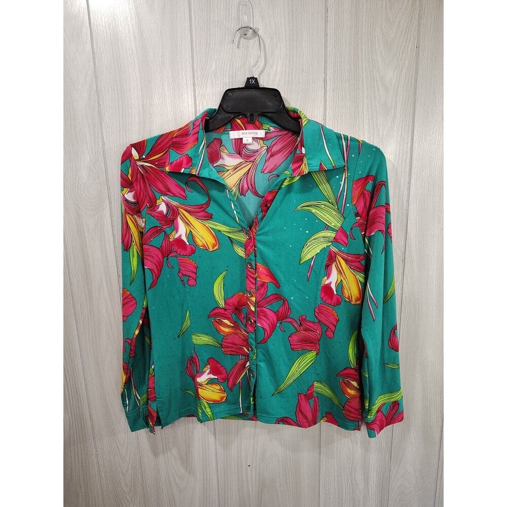 Erin London Floral Colorful Button Up Long Sleeve Blouse Top Soft Size S